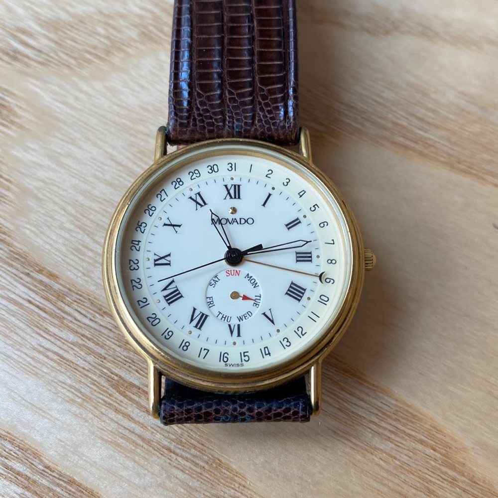 Men's Movado Calendar Quartz 87-06-885 K Day Date Gold Tone 34mm Wristwatch